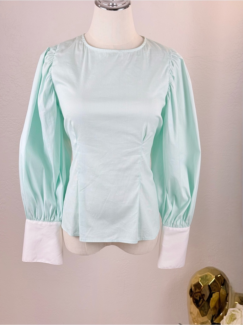 Nordstrom Mint Puff-Sleeve Blouse with White Cuffs Sz S Preppy Cottage core